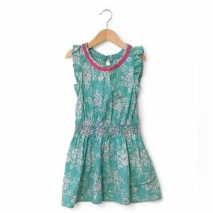 Girls Green Floral Dress 4T Pink Trim Lightweight Cotton Casual Toddler Dress